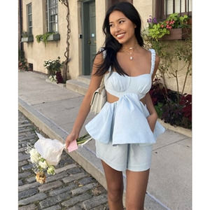 Revolve LPA Hunter Cut-Out Corset Tank Top Sleeveless Peplum Ruffle Blouse Blue